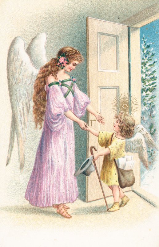 Um anjo está ao lado de uma porta aberta dando boas-vindas a um querubim de English School