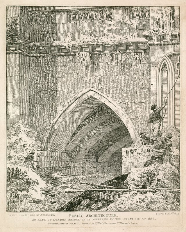 Um arco da antiga ponte de Londres como apareceu no Great Frost, 1814 de English School