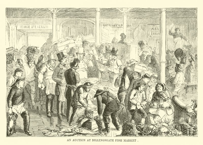Um leilão no Billingsgate Fish Market de English School