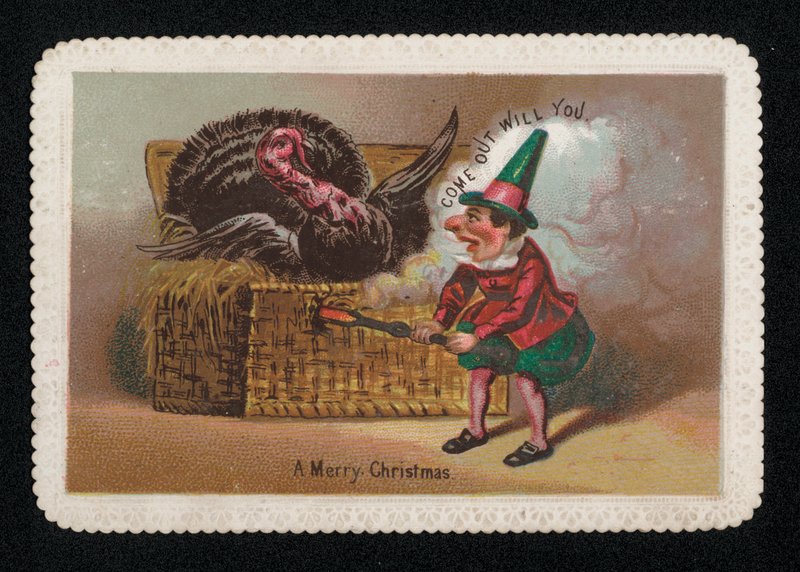 Um elfo a fumar um peru de uma cesta, cartão de boas festas de Natal (chromolitho) de English School