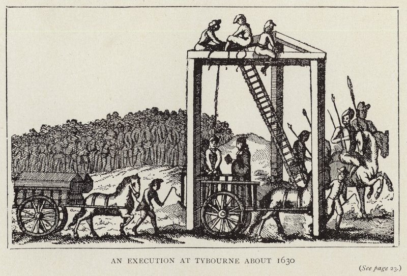 Uma execução em Tybourne por volta de 1630 (litografia) de English School