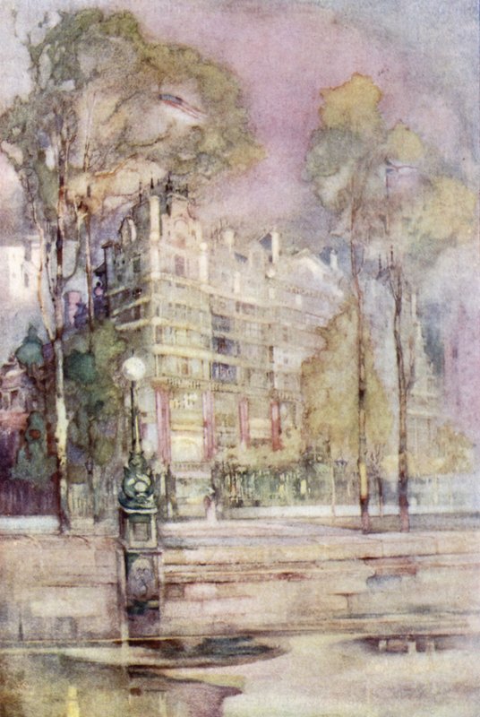Uma vista impressionista do rio Frente ao Savoy Hotel (cor litho) de English School