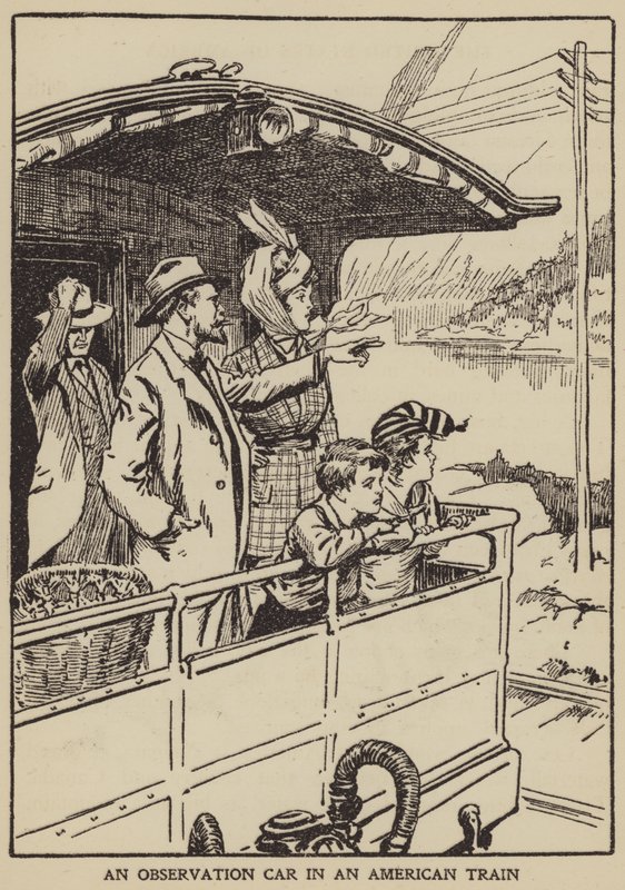 Um vagão de observação em um trem americano (litho) de English School