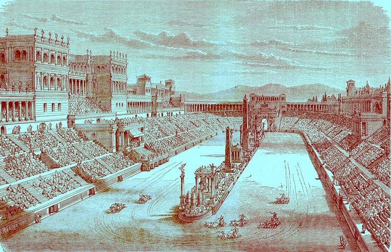 Arena antiga restaurada - mostrando uma corrida de carruagem, ilustração da história ilustrada do mundo, publicada c.1880 (imagem digital reforçada) de English School