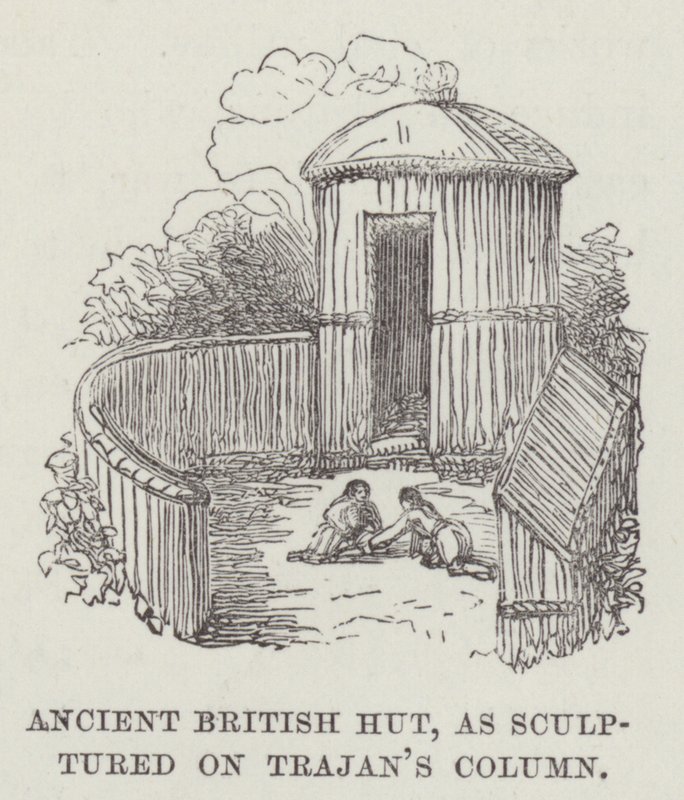 Antiga cabana britânica, como esculpida na Coluna de Trajano (gravura) de English School