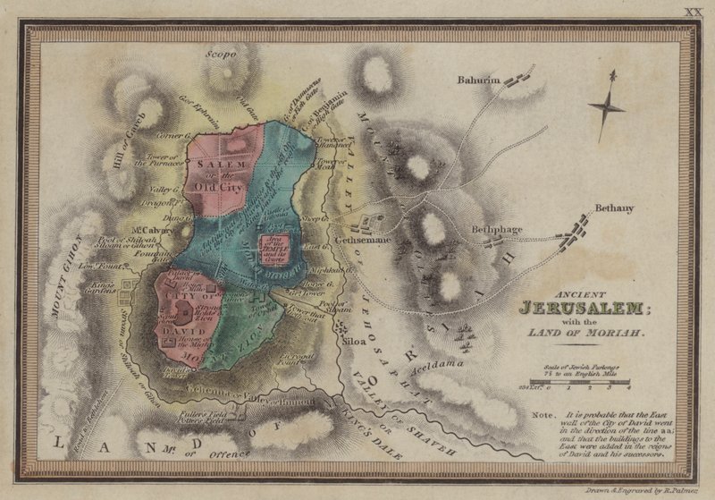 Ancient Jerusalem with the Land of Moriah (gravura colorida) de English School