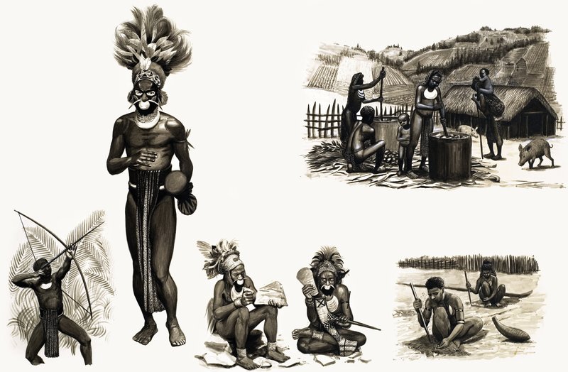 Povos antigos do mundo: tribos da montanha de Nova Guiné - plumas do pássaro são sua riqueza de English School