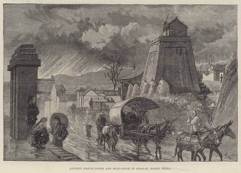 Ancient Watch-Tower e Mile-Stone em Shan-si, norte da China (gravura) de English School