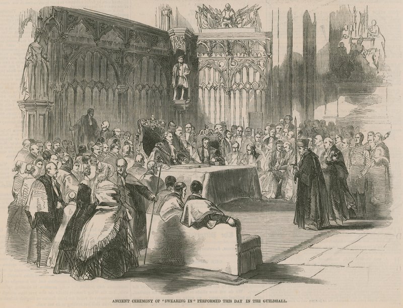Cerimônia antiga de juramento realizada no Guildhall de English School