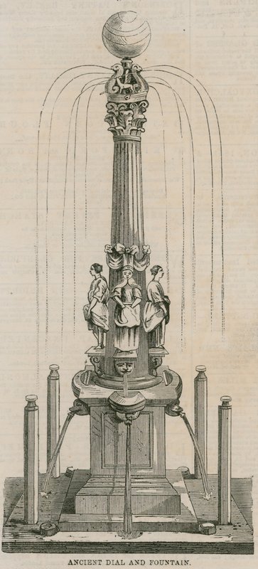 Mostrador e fonte antiga, erguida em 1656 em Leadenhall Corner, Londres de English School