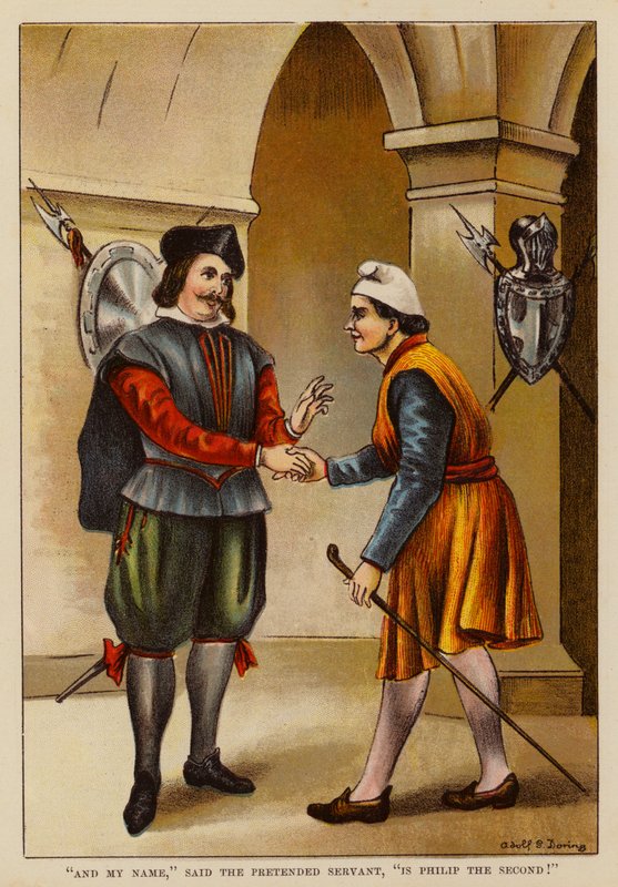 "E o meu nome", disse o pretenso criado, "é Filipe II!" (litografia a cores) de English School