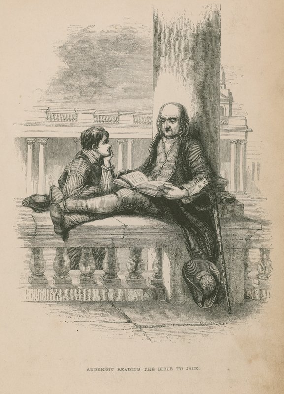 Anderson lendo a Bíblia para Jack; ilustração de pobre Jack por Frederick Marryat de English School
