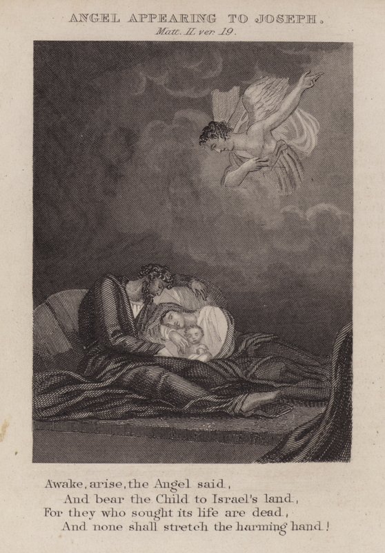 Anjo aparecendo a José, Mateus II, ver 19 (gravura) de English School