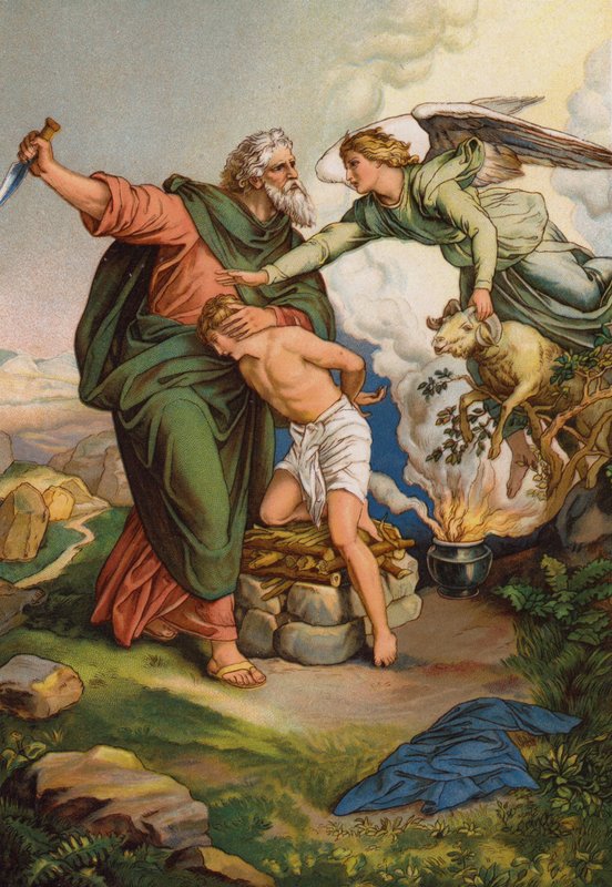 Anjo intervindo para impedir Abraão de sacrificar o seu filho Isaac (chromolitho) de English School