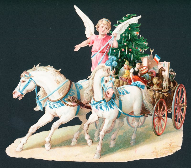 Anjo a cavalo entregar presentes, cartão de Natal de English School