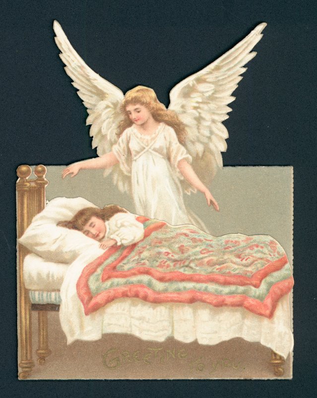 Anjo com vista menina dormindo na cama, sucata vitoriana de English School