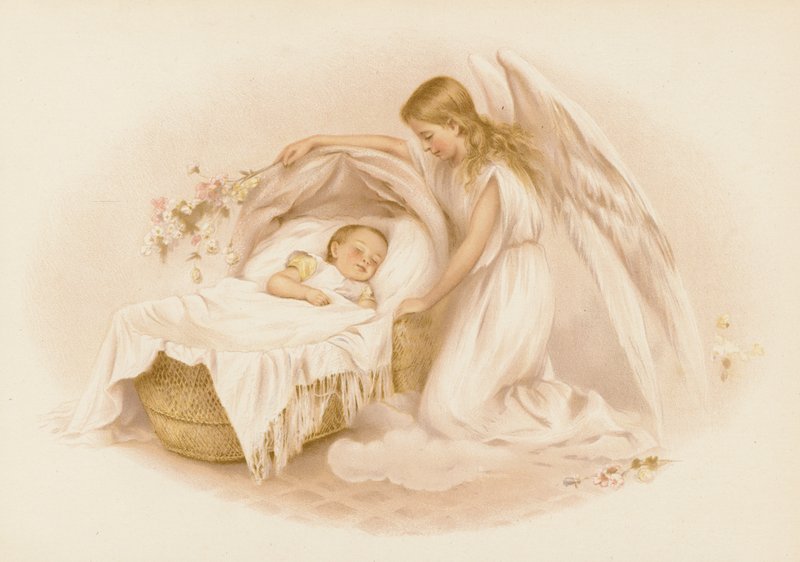 Anjo cuidando de um bebê (cromolito) de English School