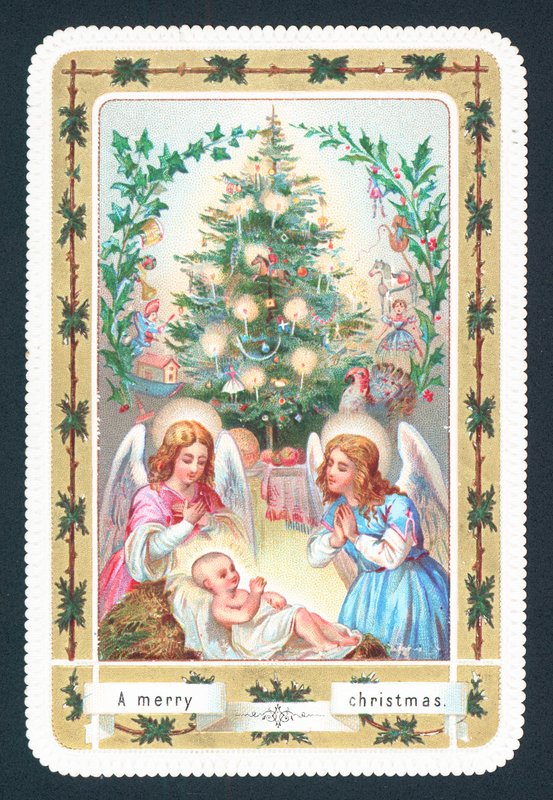 Anjos e bebê, cartão de Natal de English School