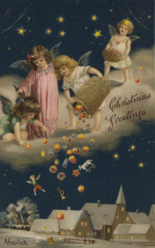 Anjos a derramar presentes de Natal sobre a terra (cromolitografia) de English School