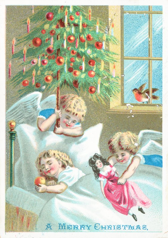 Anjos que olham a criança na cama, cartão de Natal de English School