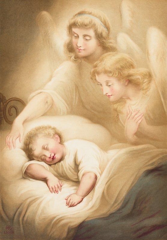 Anjos a vigiar uma criança adormecida (chromolitho) de English School