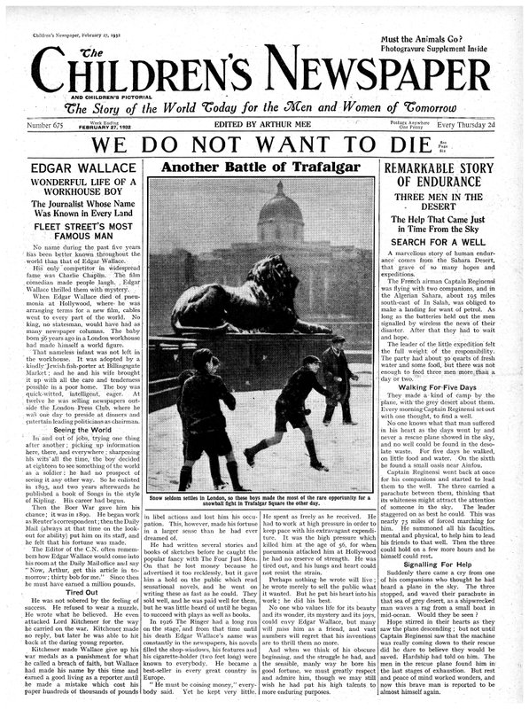Outra Batalha de Trafalgar, primeira página do &39;The Children&39;s Newspaper&39;, fevereiro de 1932 (papel de jornal) de English School