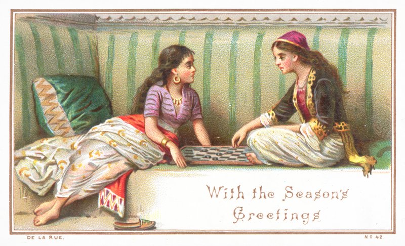 Senhoras árabes que jogam o jogo de mesa, cartão de Natal de English School