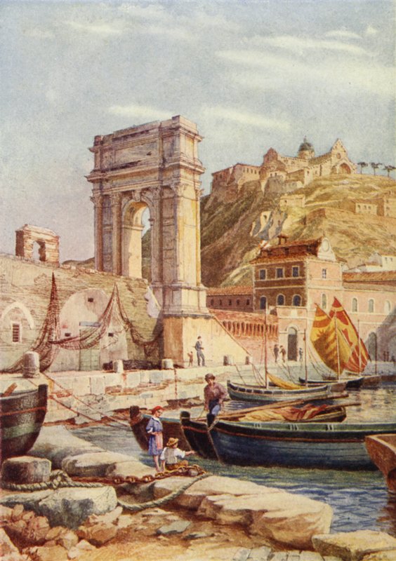 Arco de Trajano e porto de Ancona, Itália (cor litho) de English School