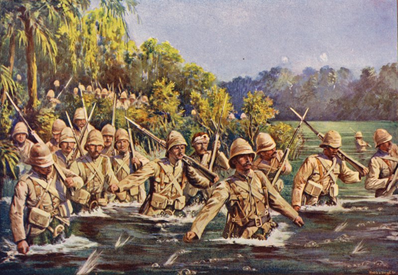 Argyll e Sutherland Highlanders atravessando o rio Modder de English School