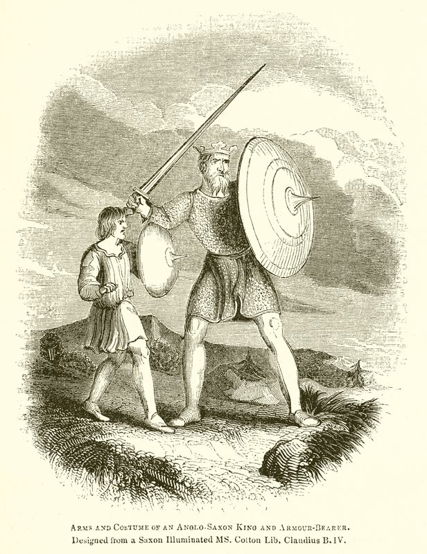 Armas e traje de um rei e portador de armadura anglo-saxão de English School