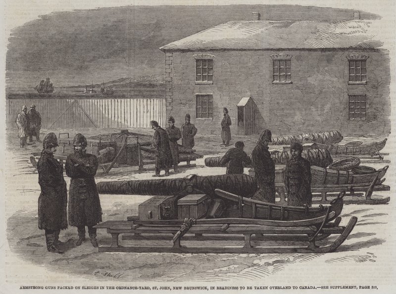 Armas Armstrong embaladas em Sleighs no Ordnance-Yard, St John, New Brunswick, em Prontidão para serem levadas por terra para o Canadá (gravura) de English School