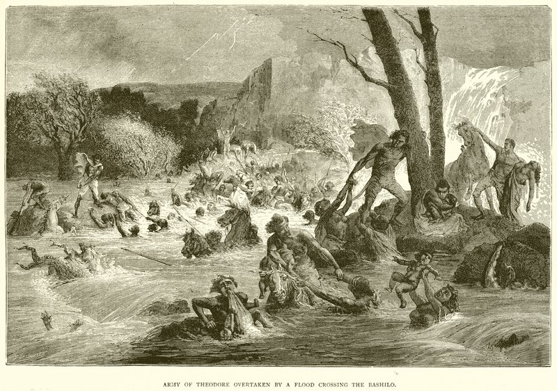 Exército de Theodore ultrapassado por um dilúvio cruzando o Bashilo de English School