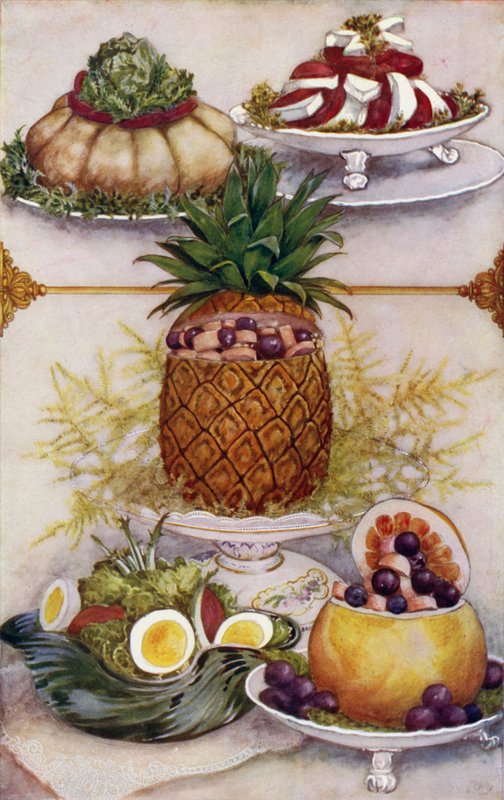 Arranjos para servir saladas em frutas ocas (lito colorido) de English School