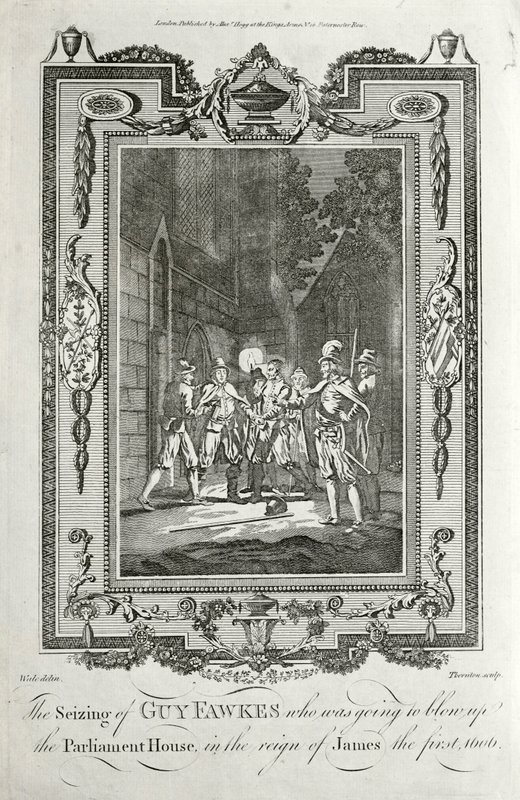 Prisão de Guy Fawkes por tentativa de explodir as Câmaras do Parlamento no Lote da Pólvora, 5 de Novembro de 1605 (gravura) de English School