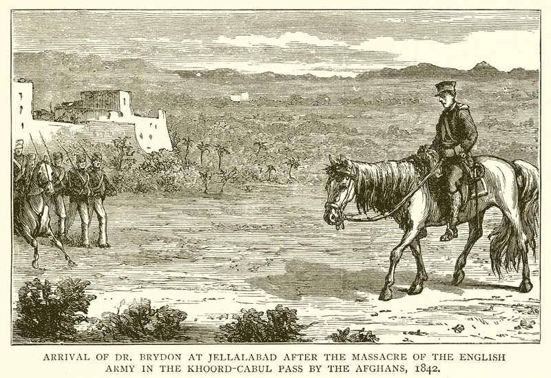 Chegada do Dr. Brydon em Jellalabad após o massacre do exército inglês na passagem de Khoord-Cabul pelos afegãos, 1842 de English School