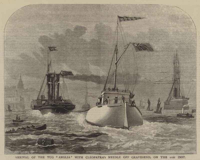 Chegada do rebocador "Anglia" com a agulha de Cleópatra ao largo de Gravesend, no dia 21 de dezembro (gravura) de English School