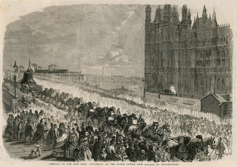 Chegada do novo sino Victoria na Torre do Relógio, novo Palácio de Westminster de English School