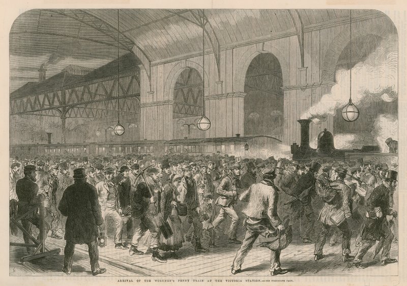Chegada do trem de penny das trabalhadoras na estação de Victoria de English School