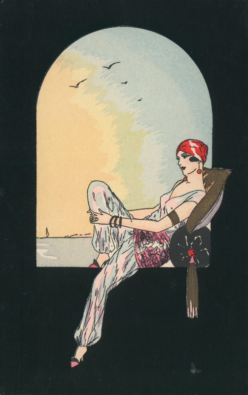 Art Deco imagem de uma mulher reclinada em um assento de janela de English School