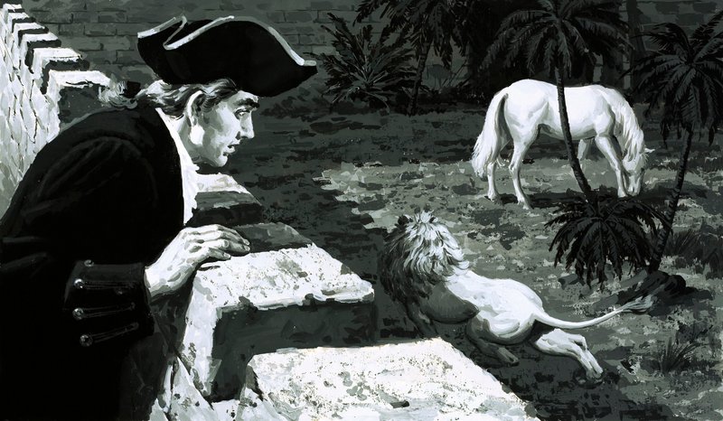 O artista George Stubbs observava como um leão a roubar em direcção a um cavalo da Barbary (guache no papel) de English School