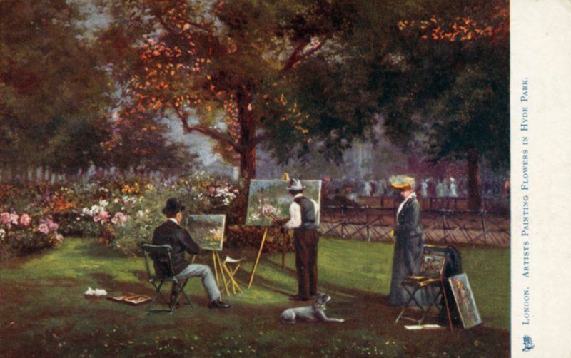 Artistas pintando flores no Hyde Park de English School