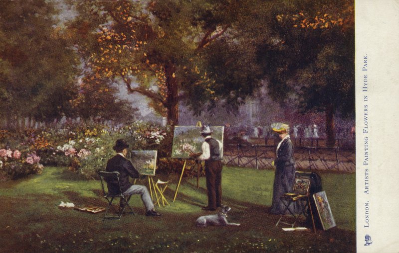 Artistas pintando flores em Hyde Park, Londres de English School