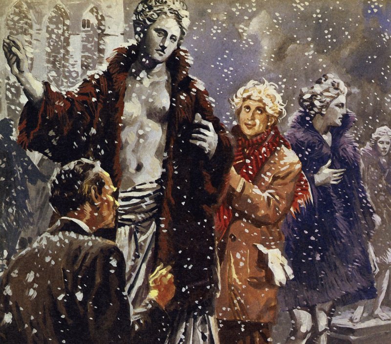 Como brincadeira, Harpo vestiu estátuas com casacos de pele quando viu que estava nevando de English School