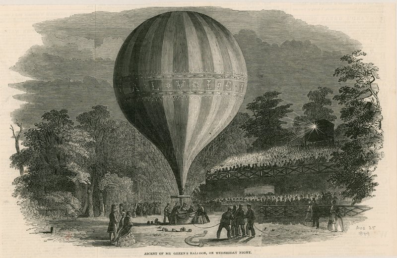 Ascensão do balão de Greens na quarta-feira à noite; Jardins Vauxhall, Londres de English School
