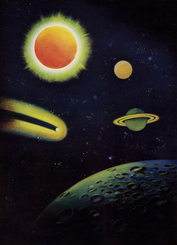 Objectos astronómicos: o Sol, mostrando a sua coroa; os planetas Marte e Saturno; o Cometa de Coggia; a superfície da Lua (cor litho) de English School