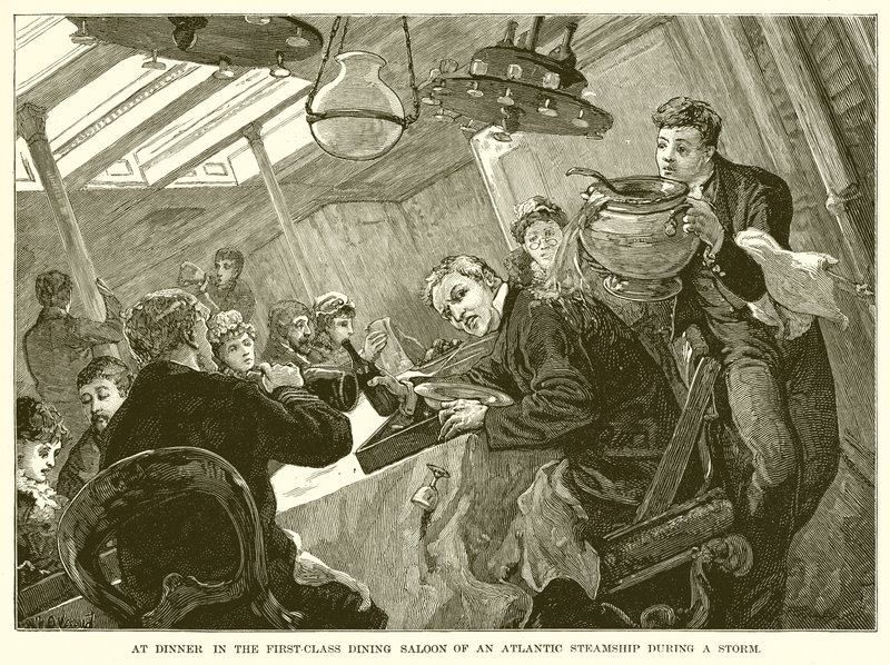 No jantar no salão de jantar de primeira classe de um navio a vapor do Atlântico durante uma tempestade de English School