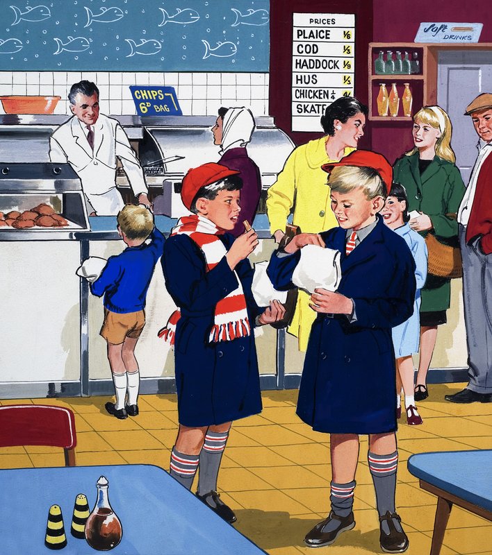 Na loja Fish & Chips de English School