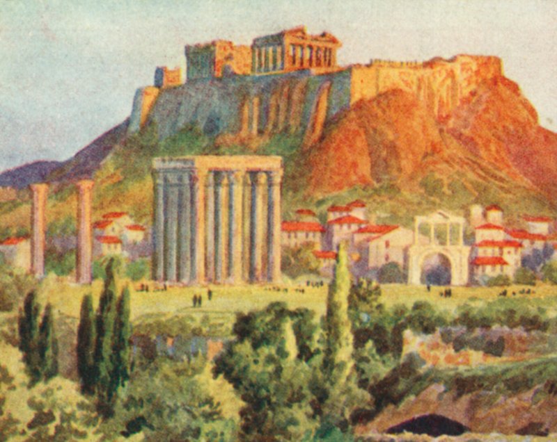 Atenas, a Acrópole (litografia a cores) de English School