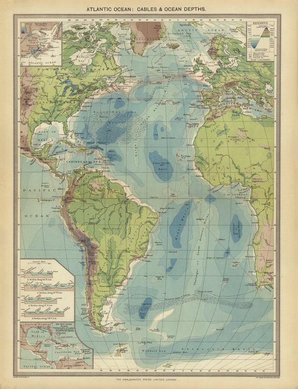 Oceano Atlântico, Cabos e Profundidades Oceânicas (cor litho) de English School