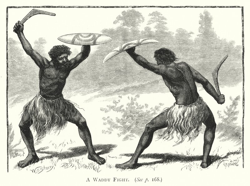 Austrália: A Waddy Fight (gravura) de English School